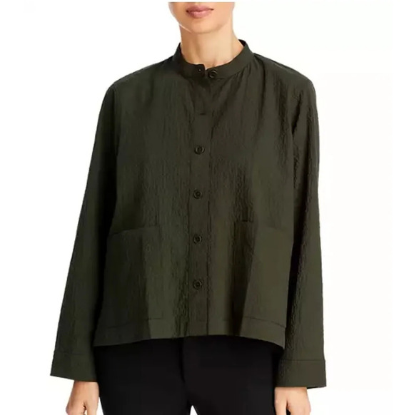 Eileen Fisher Organic Cotton Pucker Mandarin Collar Jacket Green Oversize XS - Picture 6 of 15
